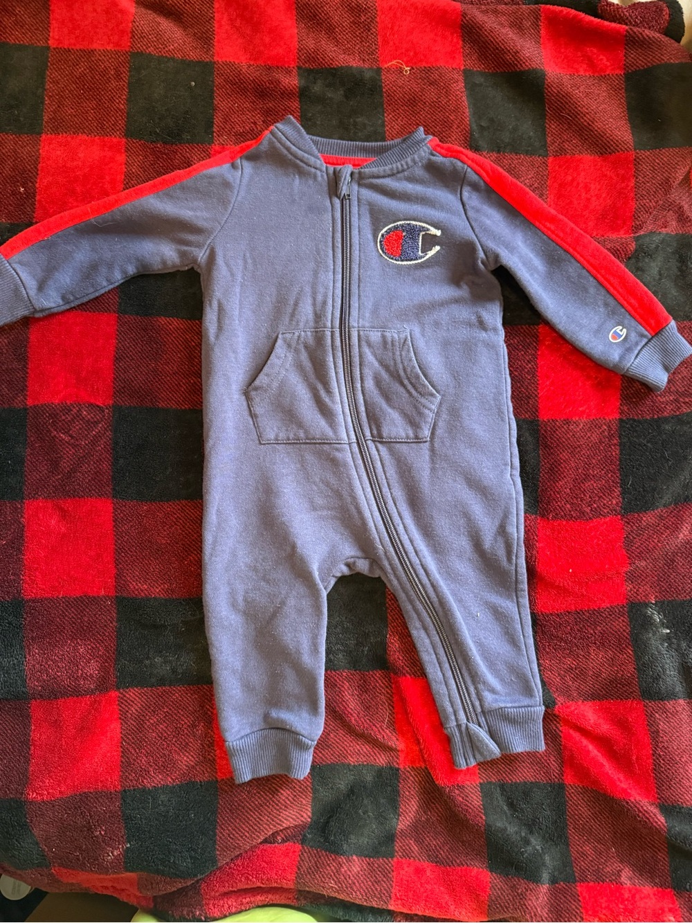 Champion Navy One-Piece Footie with Red Sleeve Stripes